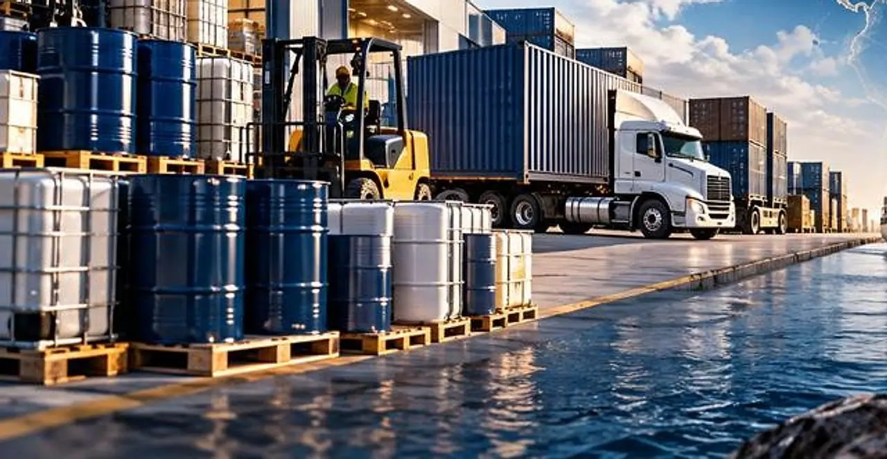 Drums, forklift and freight truck at an industrial port