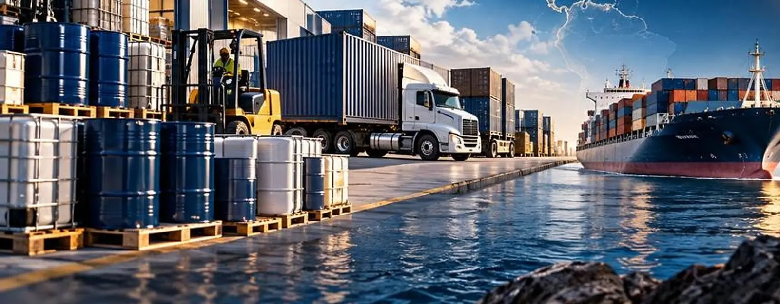 Port with freight trucks, containers and a cargo ship