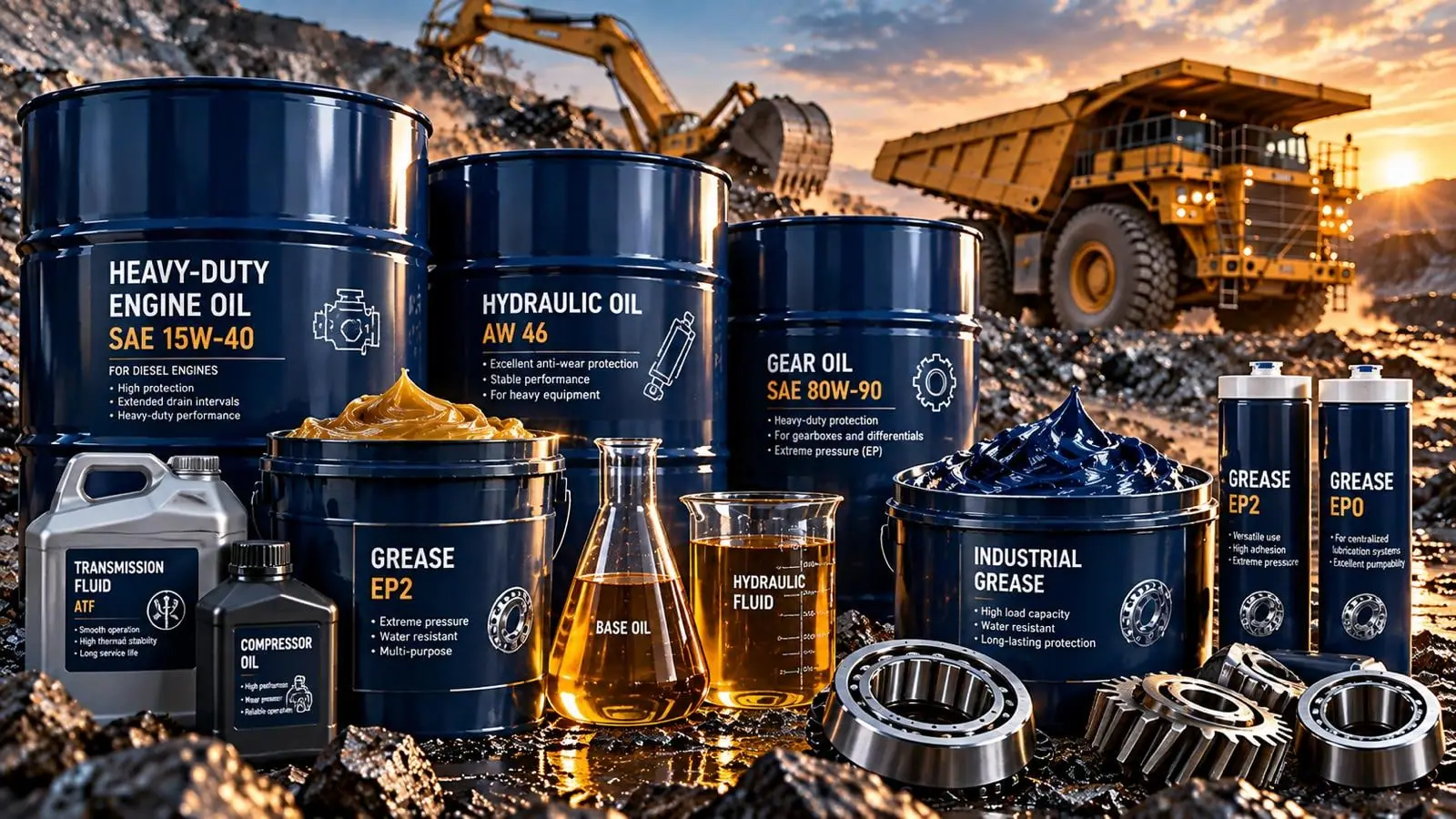 Concept visual of lubricant drums, pails and grease cartridges at a mine site