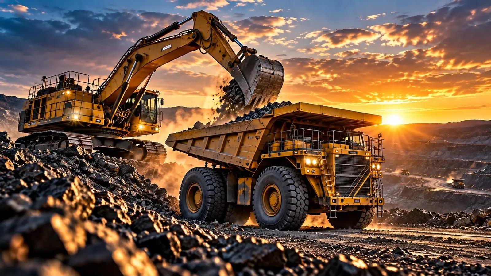 Excavator loading a haul truck at sunset