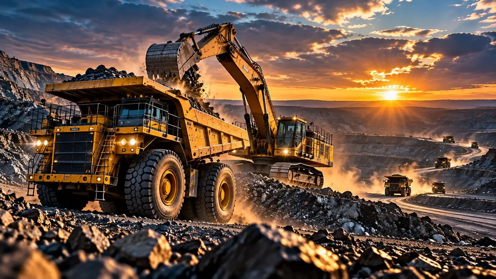 Haul trucks on a winding road through an open-pit mine