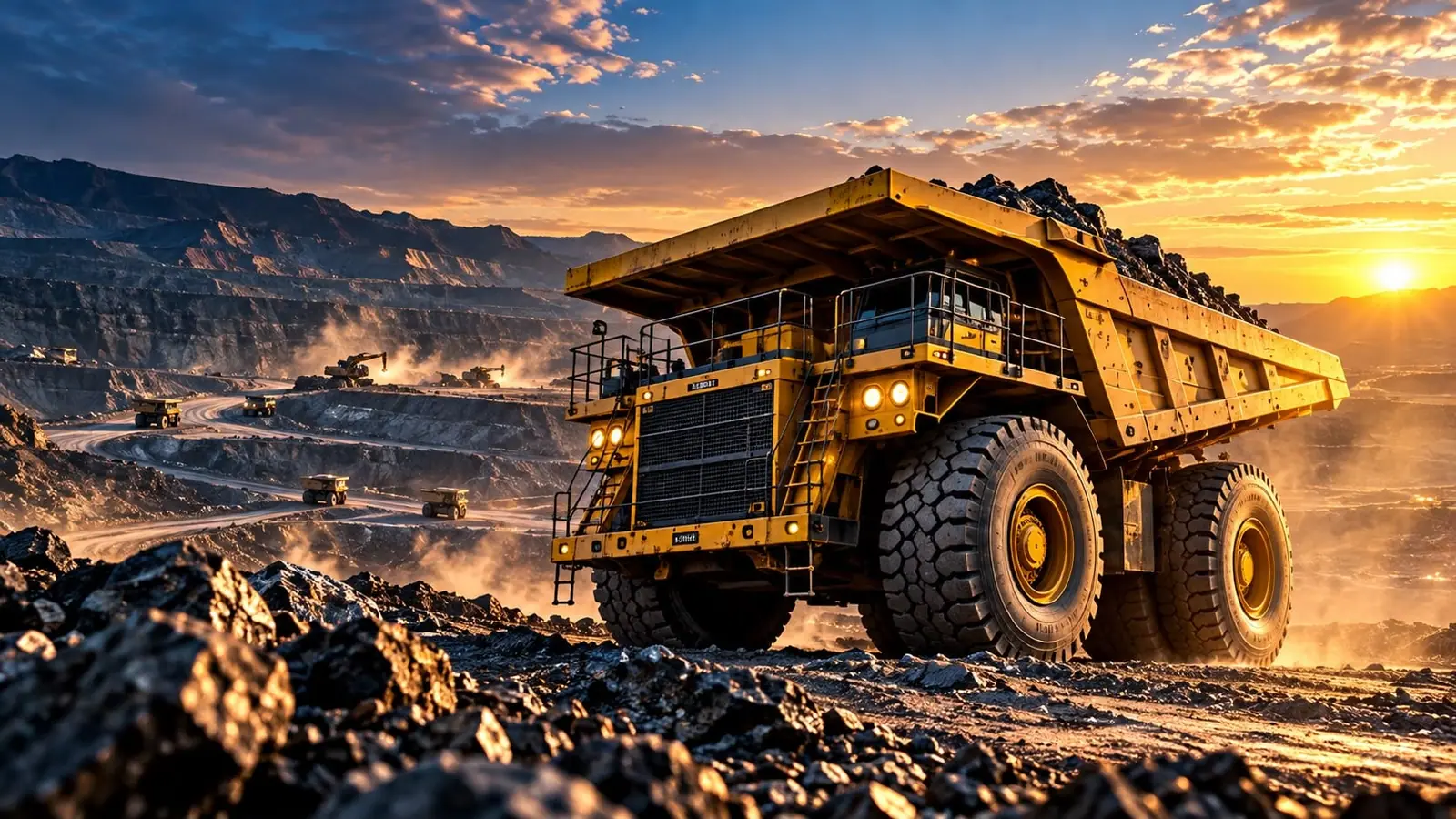 Haul truck loaded with ore in an open-pit mine at sunset