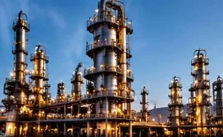 Industrial processing plant lit at dusk