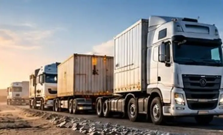Convoy of heavy-duty trucks on the road